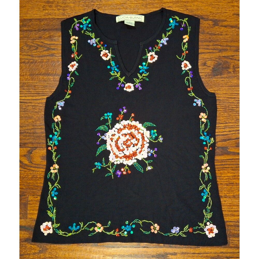 Vintage Lucia Burns Beaded Sleeveless Top Womens Size Large